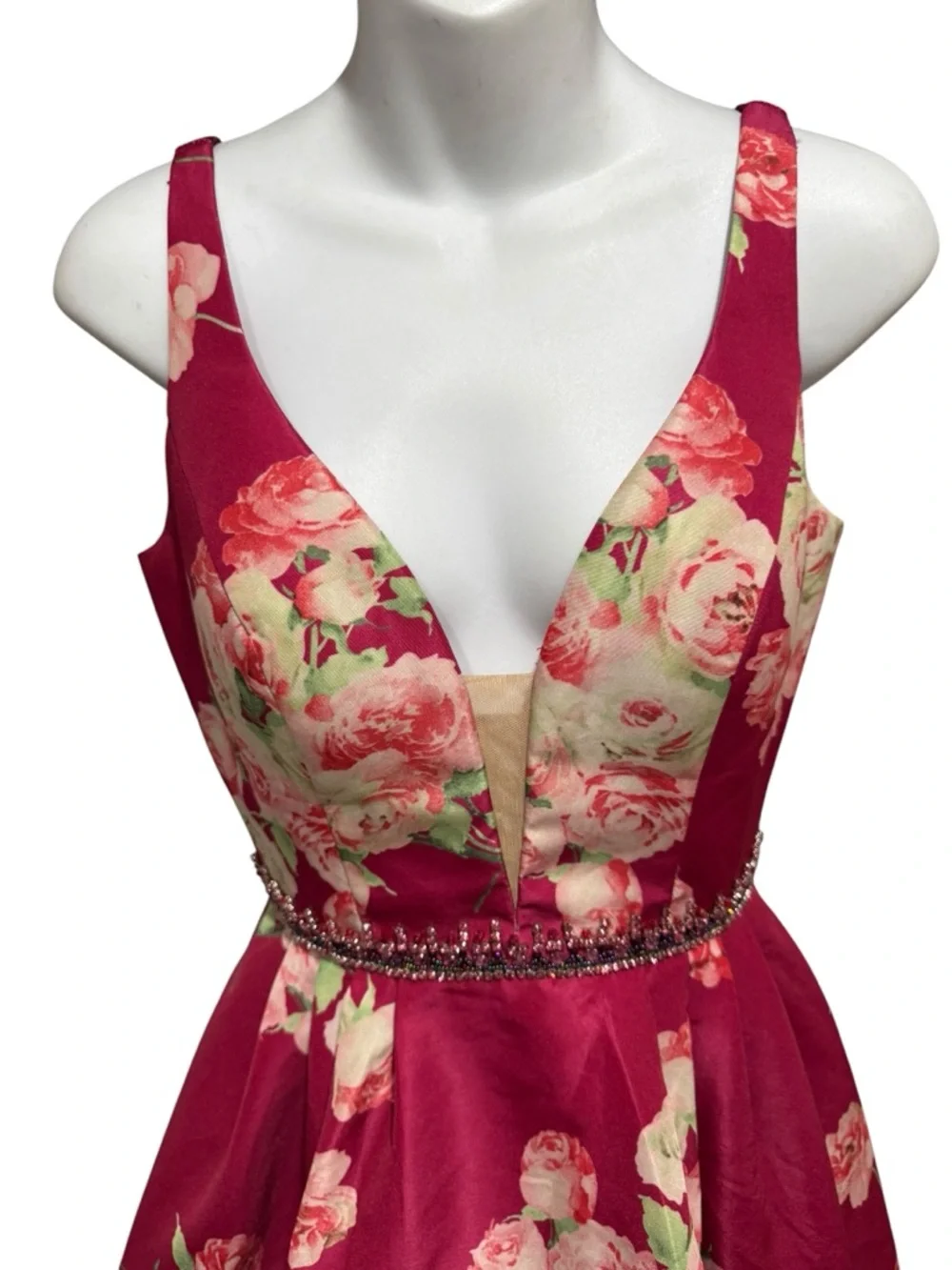 Sherri Hill Magenta Floral Plunge Satin Party Dress - Picture 7 of 12